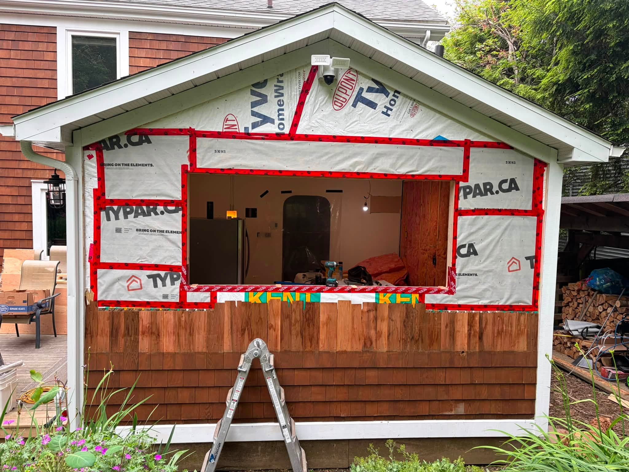 New window opening prepared during an exterior renovation